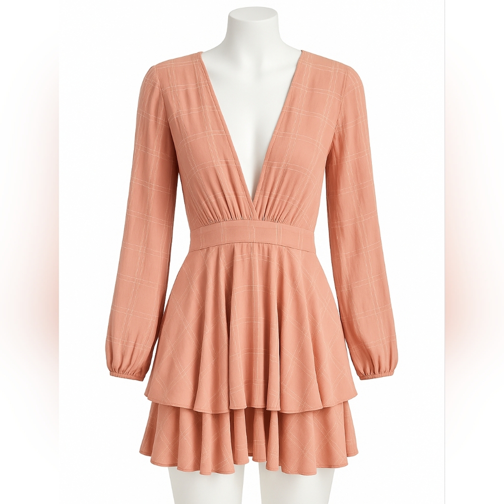 Saints + Secrets Pink Ruffle Tiered Long Sleeve Shorts Romper Women’s Size Large